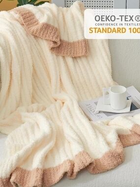 Cozy Cream Throw Blanket with Tan Trim
